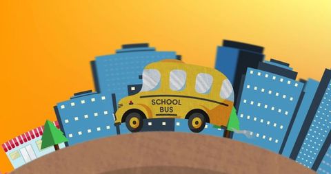 Yellow school bus driving through vibrant cityscape