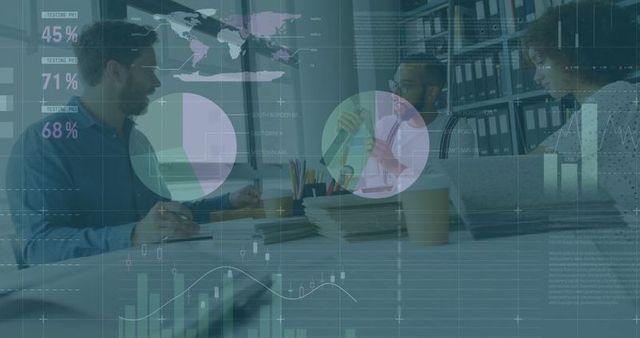 Business team collaborating with data visualizations in meeting room