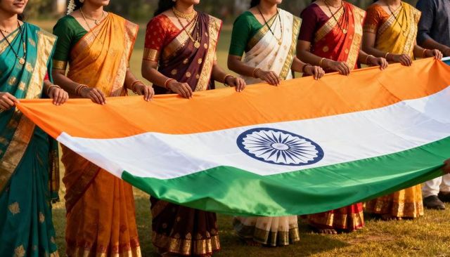 Indian women holding tricolor flag wearing silk sarees and gold bangles during celebration