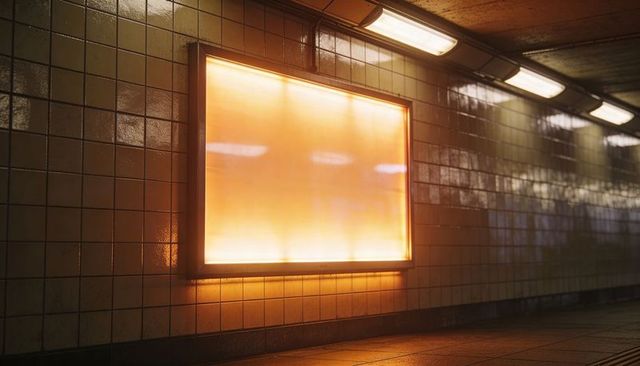 Glowing advertising panel casting warm orange reflections across glossy tiled subway corridor