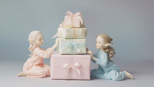 Kneeling elf figurines in pastel nightgowns circling ribboned gift stack neutral background