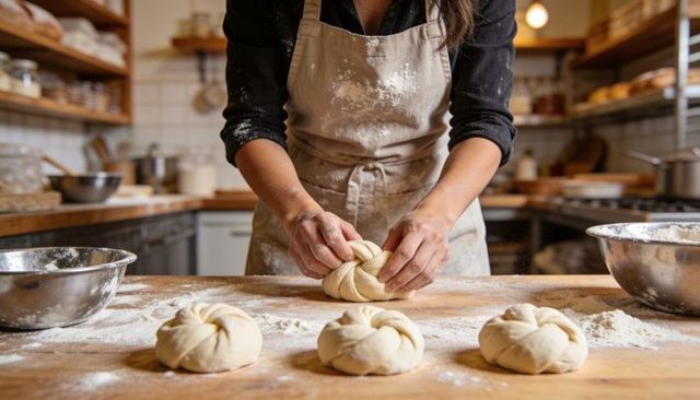 Knotting artisan bread rolls on floured wooden countertop in rustic bakery kitchen