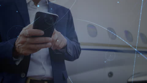 Businessman Using Smartphone with Digital Connections Overlay at Airport