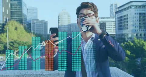 Executive monitoring financial charts while drinking coffee on rooftop with smartphone