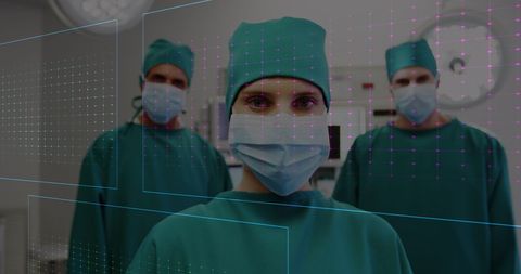 Surgeons in Operation Room with Medical Tech Overlay