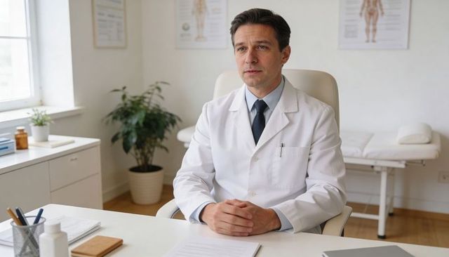Male doctor sitting at consultation desk wearing lab coat and tie reviewing patient notes