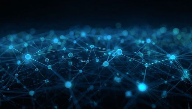 Glowing Blue Neural Network Mesh with Connected Nodes and Dynamic Data Flow Visualization