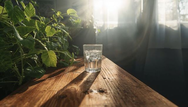 Morning Sunlight Casting on Glass of Water by Greenery