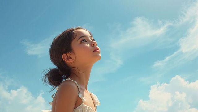 Sunlit girl gazing upward under clear blue sky with soft clouds