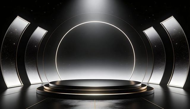 Futuristic three-tier circular podium with illuminated halo and starfield arched panels