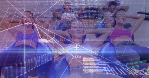 Group workout on stability balls with data overlay visual