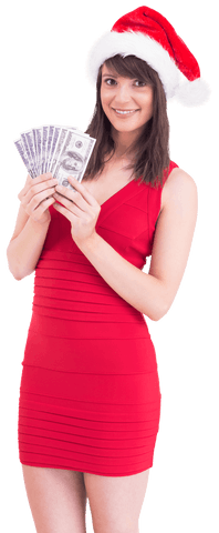 Transparent santa hat woman holding money celebrating holidays