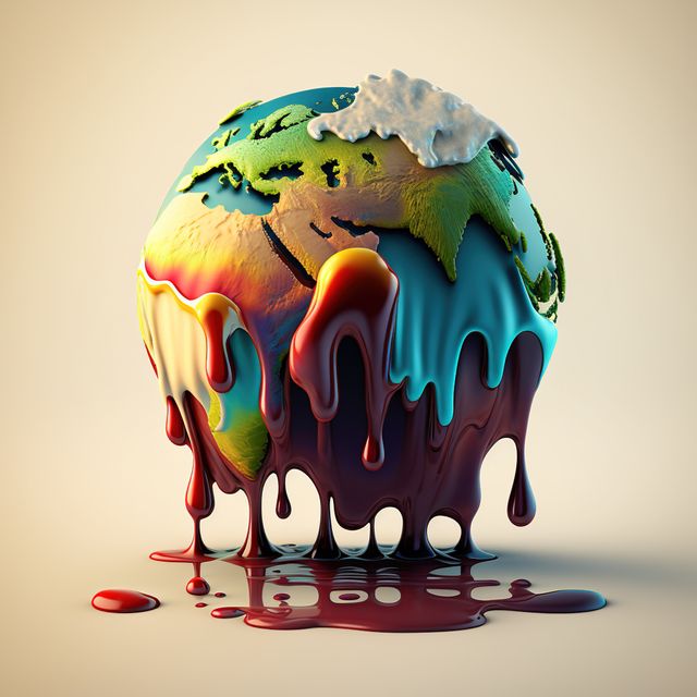 This image illustrates the concept of global warming and environmental damage. The earth appears to be melting like a wax globe, symbolizing the deteriorating conditions due to climate change. It is ideal for use in educational materials, environmental campaigns, articles on climate change, and sustainability-themed projects. This visual representation can also be utilized by NGOs and activists raising awareness and promoting actions against climate change.