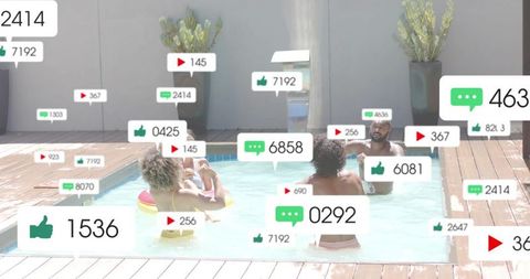 Group relaxing in backyard plunge pool with floating social media likes comments views