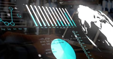 Holographic data dashboard over laptop workspace showing global analytics, bar and pie charts