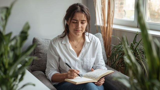 Young woman writing journal on armchair by window among houseplants and natural light