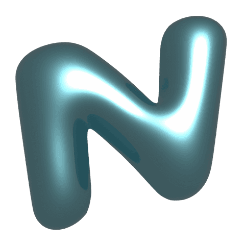 Transparent teal glossy 3d n tube floating on transparent background with neon glow