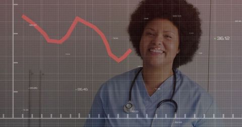 Smiling Nurse in Scrubs with Red analytics Graph Overlay