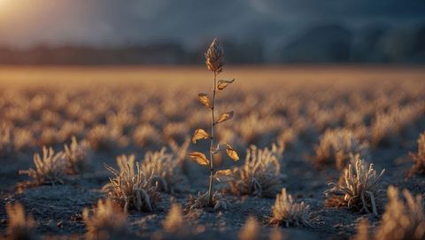 Solitary plant sprouting golden leaves in desolate field amidst drought at dawn
