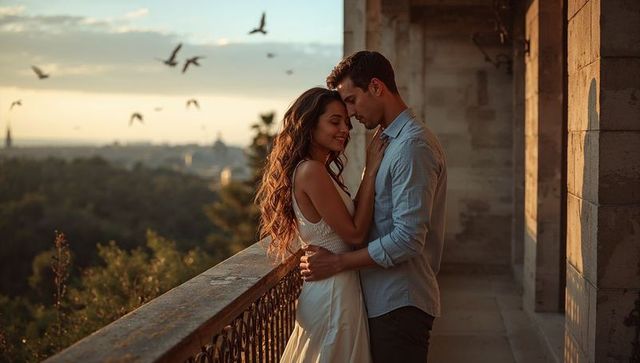 Golden hour balcony romance embracing couple on historic terrace at sunset