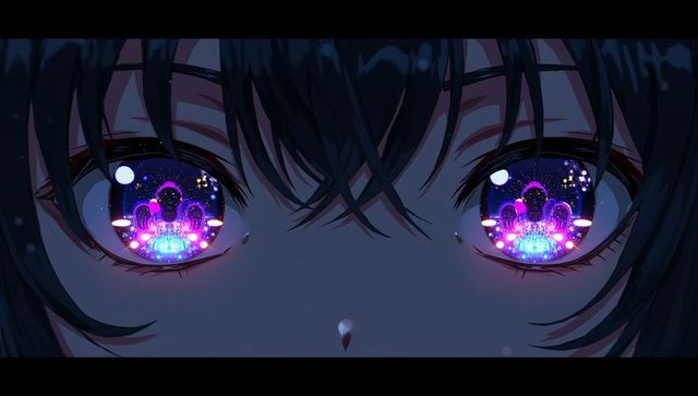 Widescreen anime close-up eyes reflecting neon galaxy mandala with single teardrop