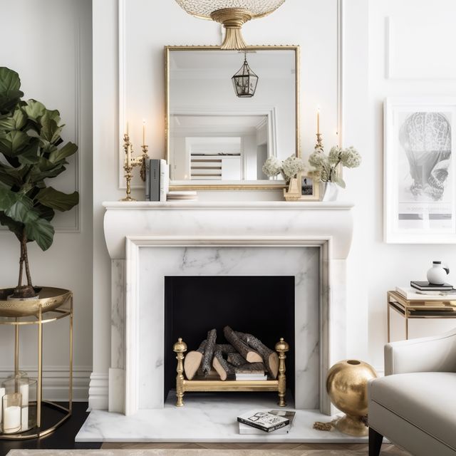 Fireplace with mirror and decorations in modern living room, created using generative ai technology. Fireplace, home decor and interior design concept digitally generated image.