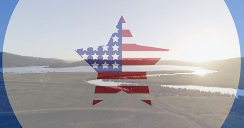 American Flag Star over Scenic Coastal Sunrise