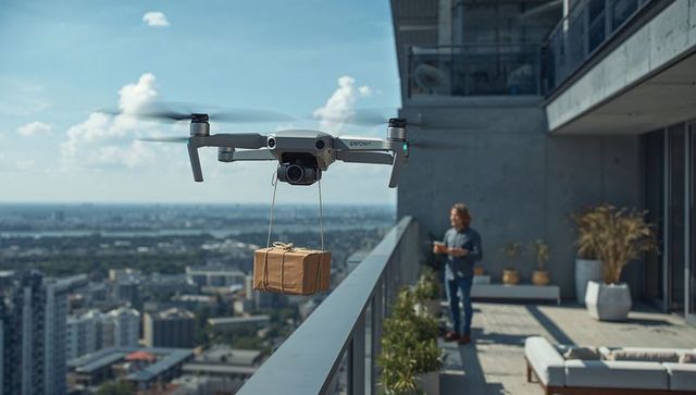 Urban drone delivering parcel to balcony of luxury apartment, remote controller operation
