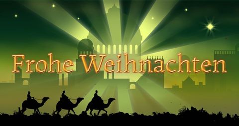 Frohe weihnachten with three wise men silhouette and starry sky