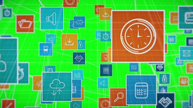 This visually dynamic image features an animated collection of diverse digital icons over a vibrant green screen background. The icons represent various elements such as cloud storage, time management, security, communication, and global connectivity, illustrating the concepts of data processing and modern technology. Ideal for use in presentations, digital media, technology websites, and educational materials summarizing or discussing digital transformation, global business, and interconnected technologies.