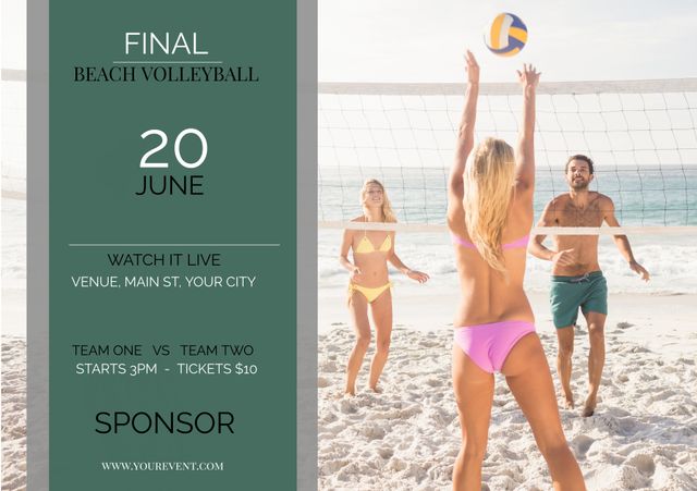 Beach Volleyball Match Event Poster with Players in Action on Sand - Download Free Stock Templates Pikwizard.com