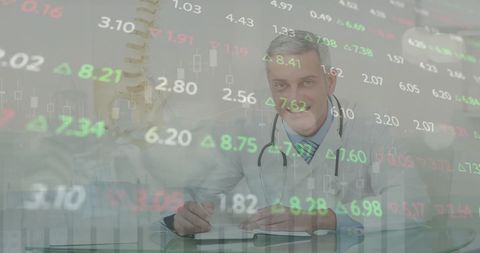 Doctor Amid Stock Market Data Overlay Suggesting Analysis
