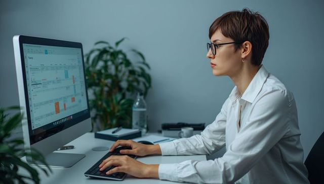 Focused professional woman typing at keyboard with calendar on monitor and minimalist workspace