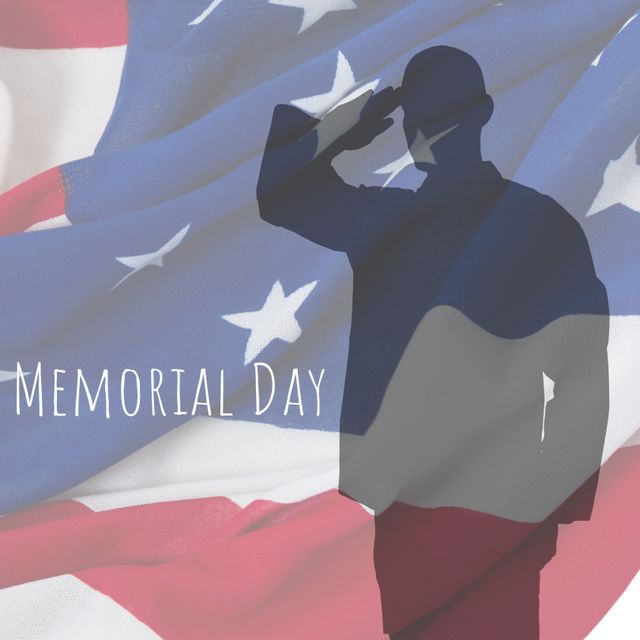 Silhouette of a soldier saluting with text 'Memorial Day' overlaying an American flag commemorates military service. Ideal for Memorial Day promotions, patriotic events, military appreciation content, and Veterans Day materials.