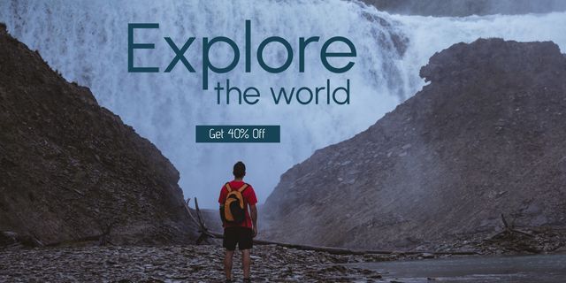 A lone hiker standing in front of a powerful waterfall, looking at the beauty of nature. The text 'Explore the world' and 'Get 40% Off' suggest a promotional advertisement for adventure travel or eco-tourism. Ideal for use in travel agency promotions, adventure gear advertisements, and eco-friendly tourism campaigns to inspire exploration and sustainable travel practices.