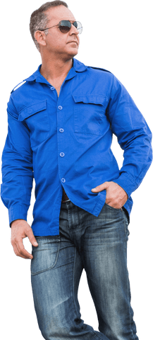 Stylish Man in Sunglasses Wearing Blue Shirt and Jeans Transparent Background