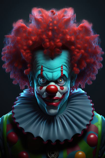 Close up of scary clown smiling in red wig, created using generative ai technology. Evil clown and scare concept digitally generated image.