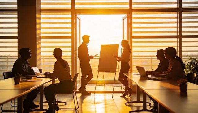 Sunset backlit team presenting strategy at flip chart in modern boardroom