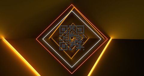 Glowing qr code surrounded by neon shapes