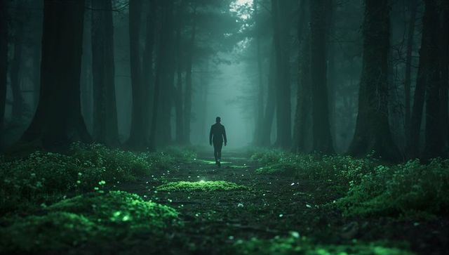 Solitary figure exploring mysterious misty forest