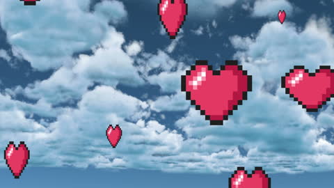 Pixelated Hearts Floating Against Cloudy Sky