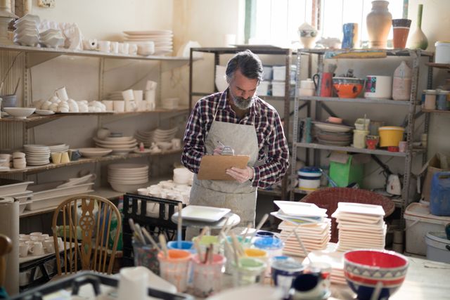 Male potter maintaining record on clipboard in pottery workshop