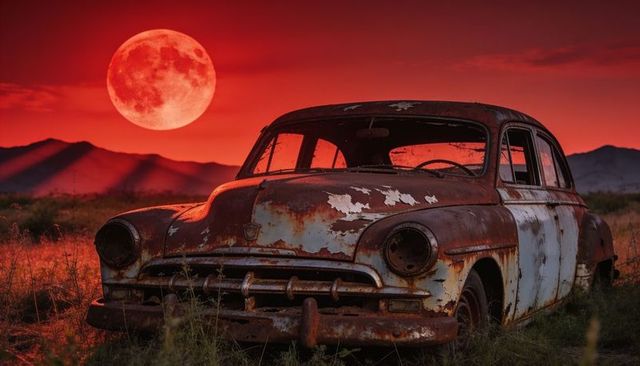 Glowing red moon over rusted vintage sedan at twilight