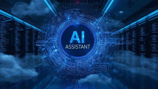 Futuristic ai assistant interface in digital corridor