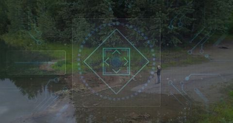 Futuristic hud overlays on woman scanning remote pond shore