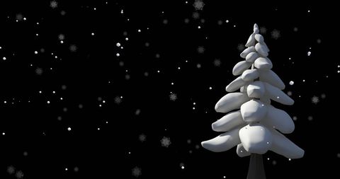 Christmas Tree Covered in Snow During Night with Falling Snowflakes