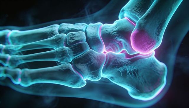 3D Translucent Foot and Ankle Skeleton Highlighting Talus, Calcaneus, Glowing Cartilage