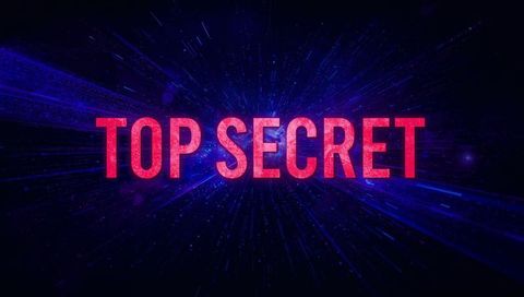 Top secret text radiating neon light across futuristic purple starburst