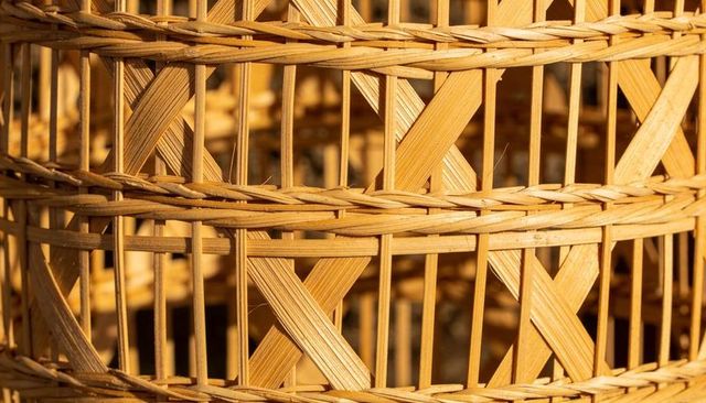 Woven rattan cylinder with x-braces and braided bands, warm textured bamboo pattern macro