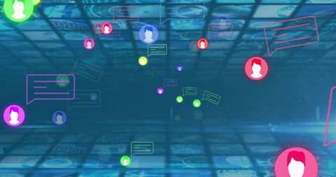 Floating neon avatars and chat bubbles connecting over 3D digital grid, network communication
